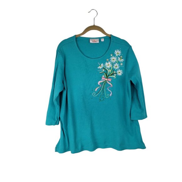 Quacker Factory Floral Bouquet 3/4 Sleeve Top Teal Embroidered Beaded Size Large - Picture 1 of 9